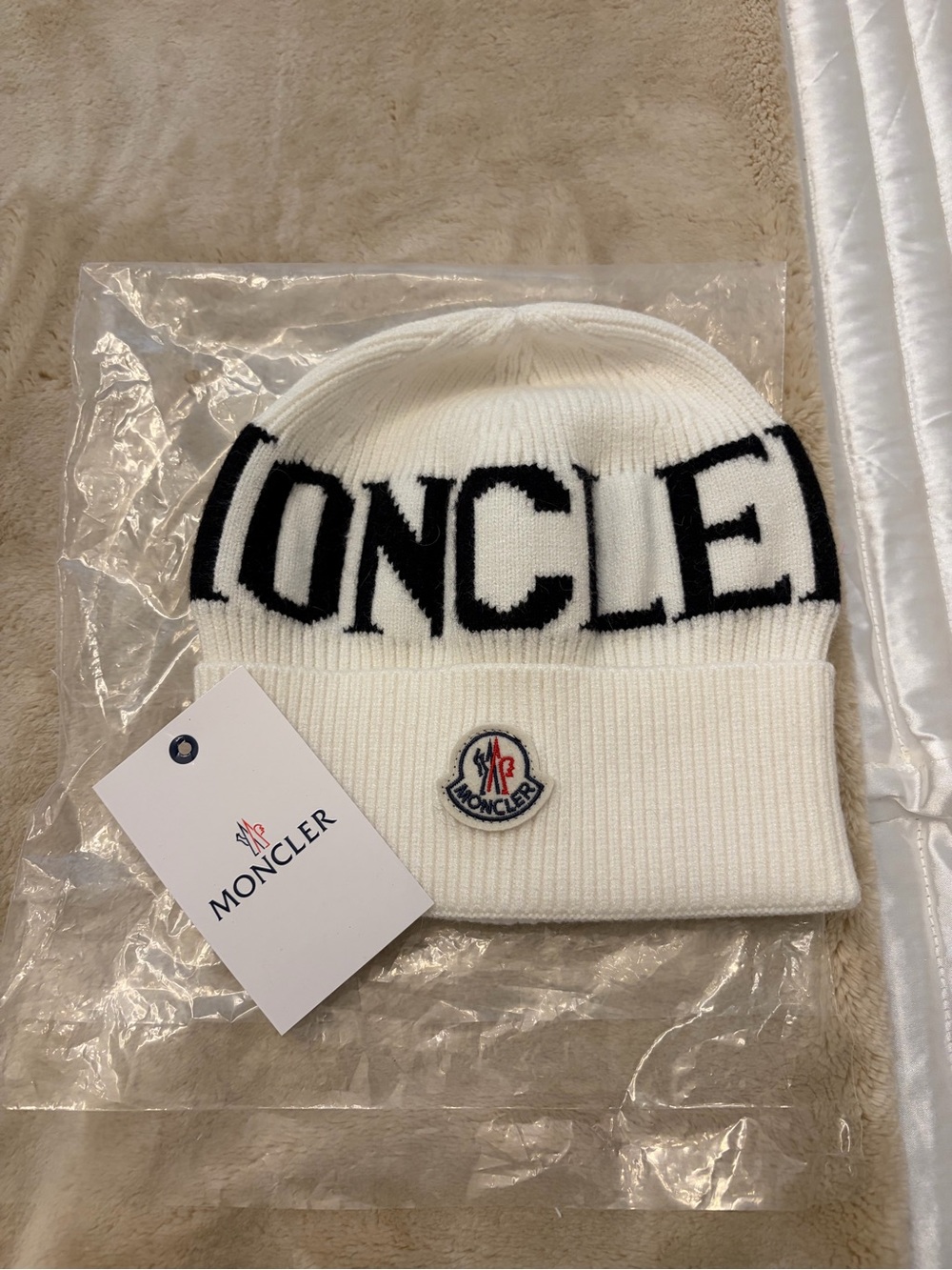 Moncler White Logo Beanie